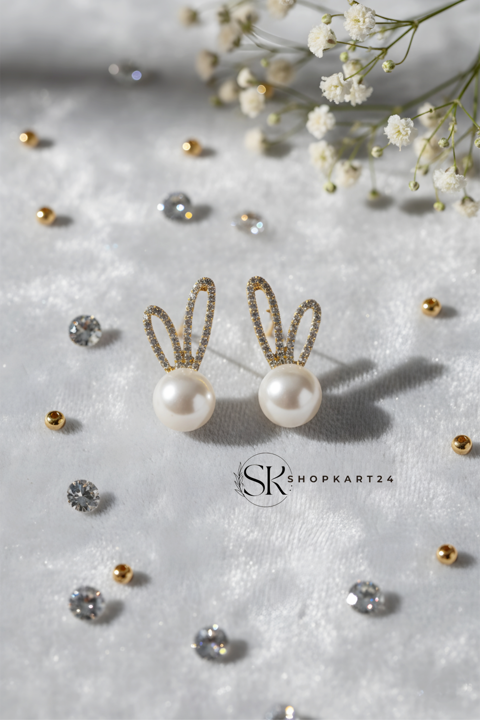 Korean Pearl Bunny Stud Earrings for Women