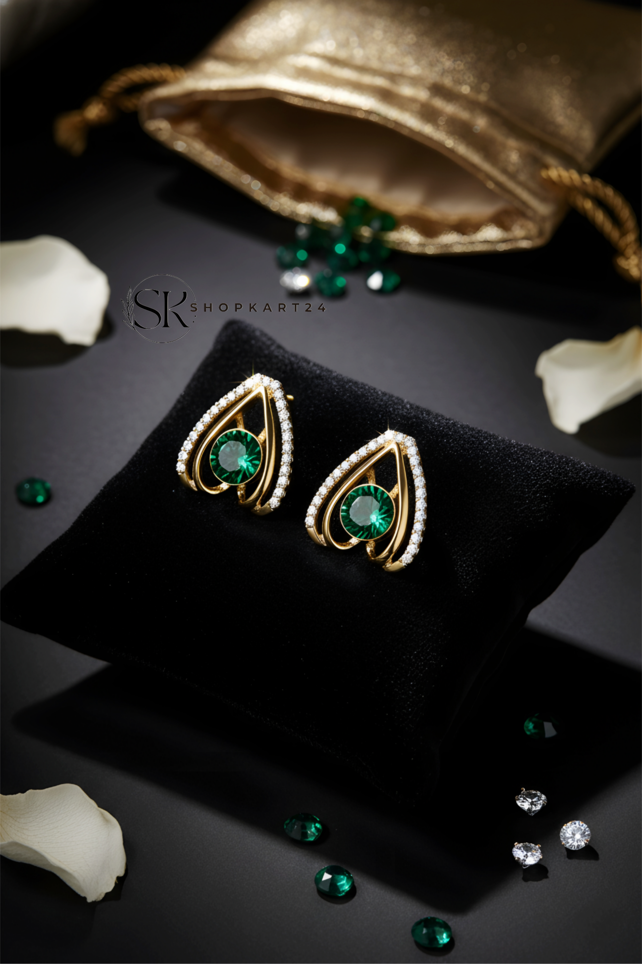 Korean Green Stone Gold Stud Earrings for Women