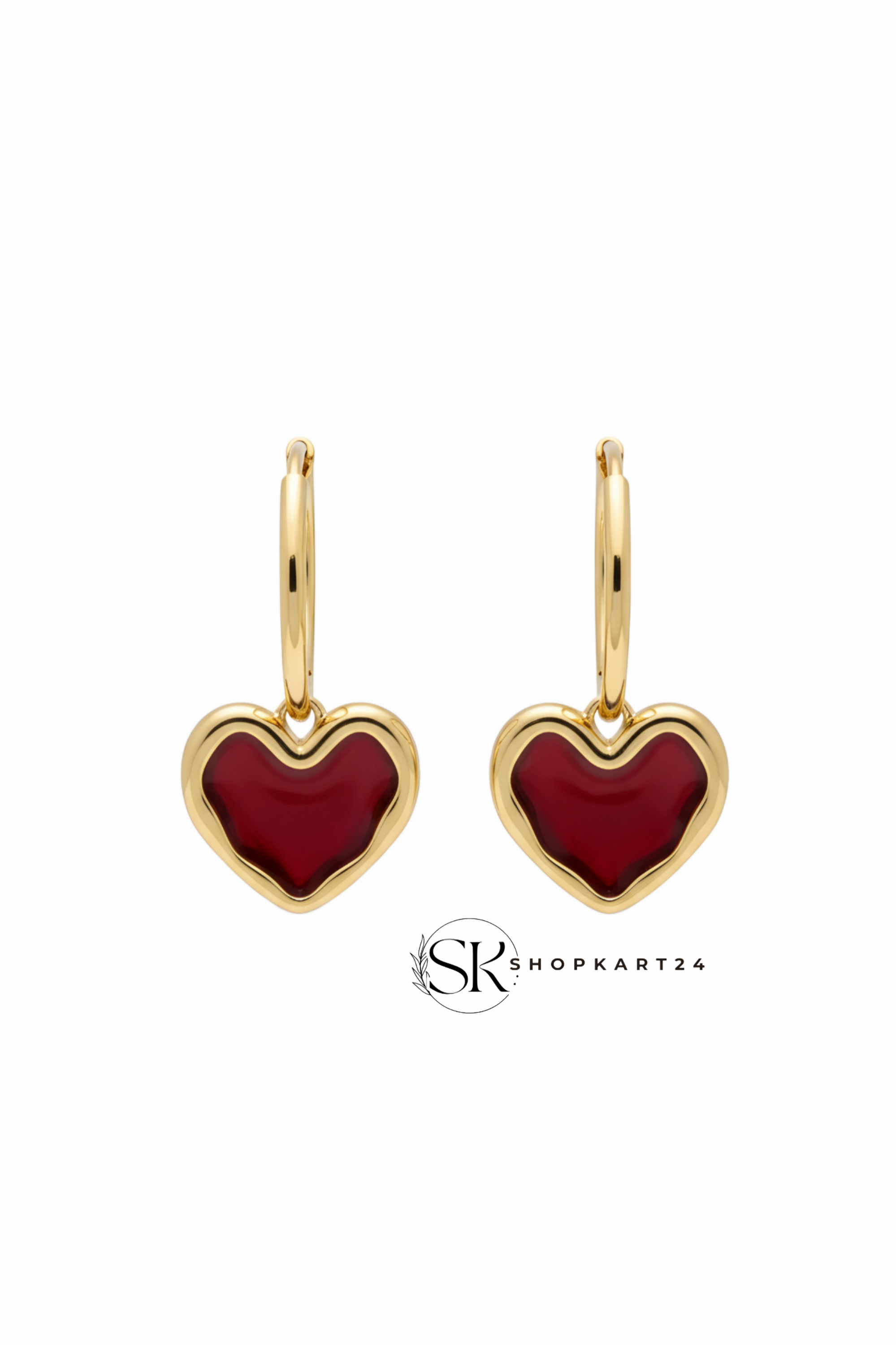 Red Heart Gold Hoop Drop Earrings for Women
