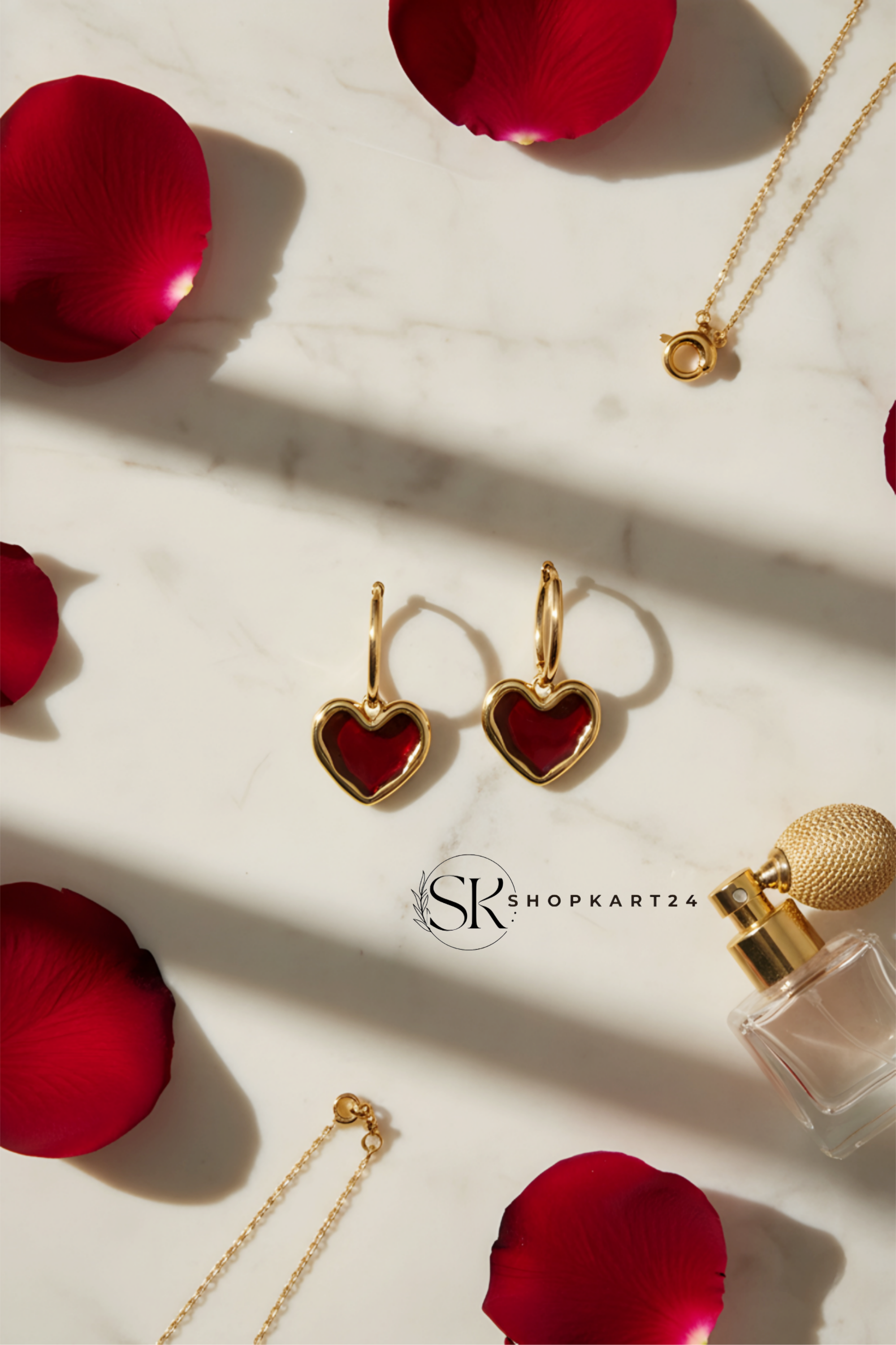 Red Heart Gold Hoop Drop Earrings for Women