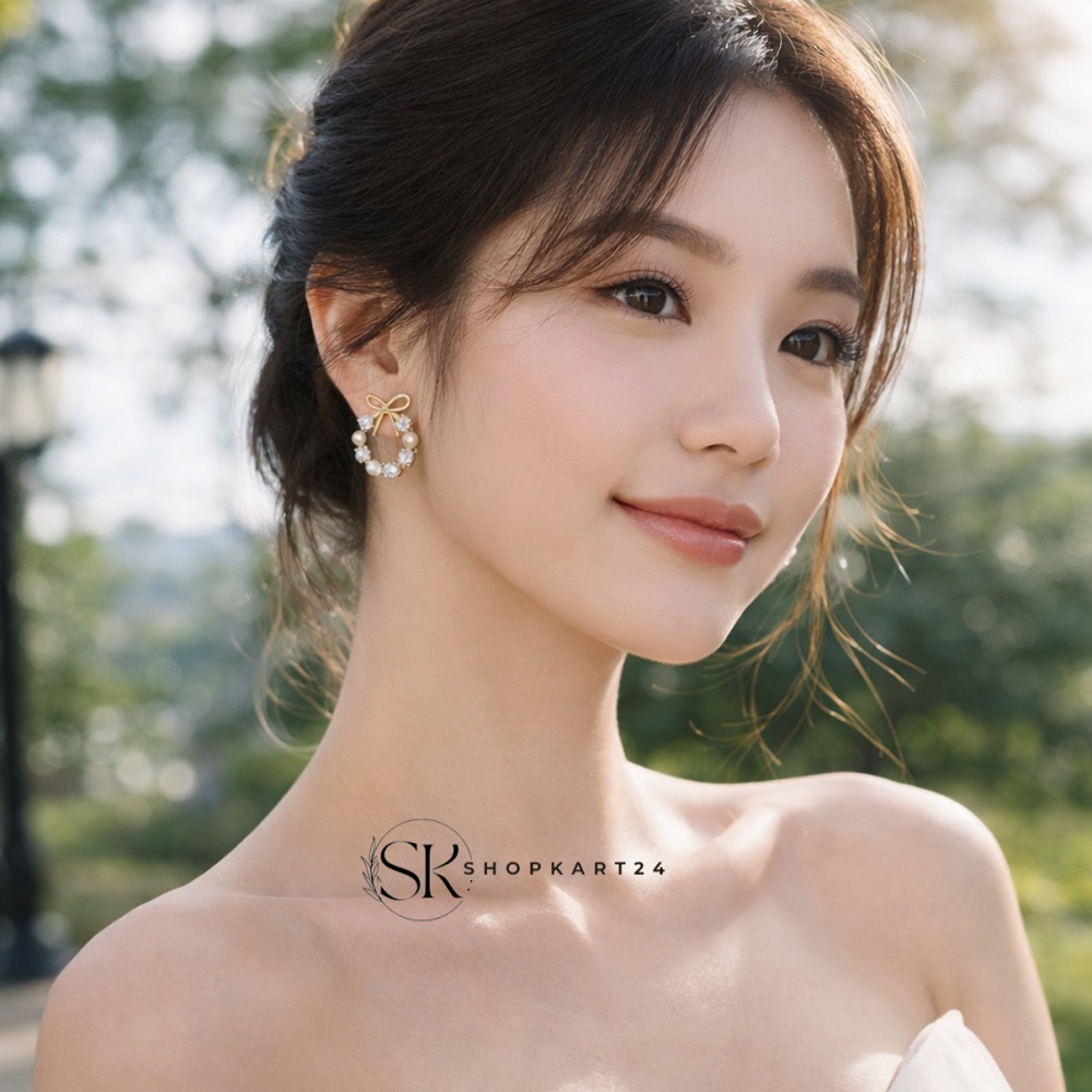 Dainty Pearl & Crystal Bow Stud Earrings