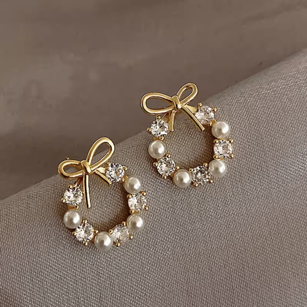 Dainty Pearl & Crystal Bow Stud Earrings
