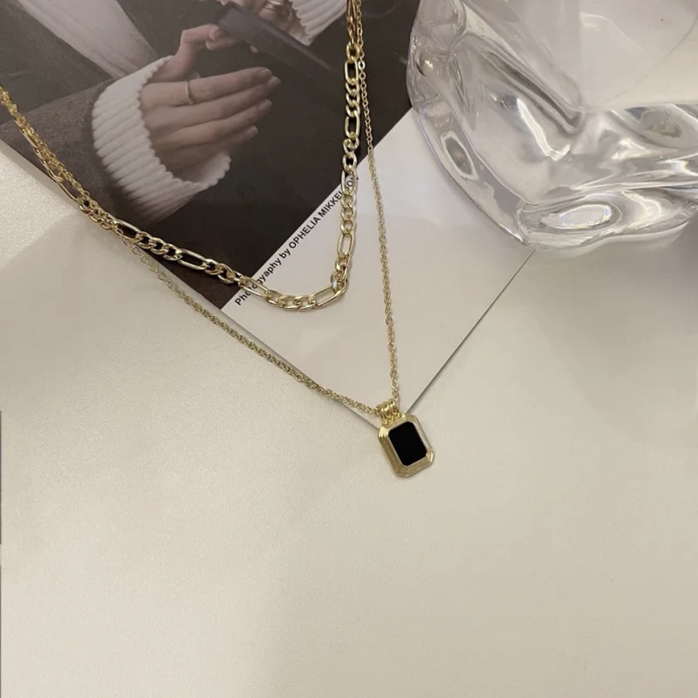 Gold Plated Black Square Stone Korean Pendant