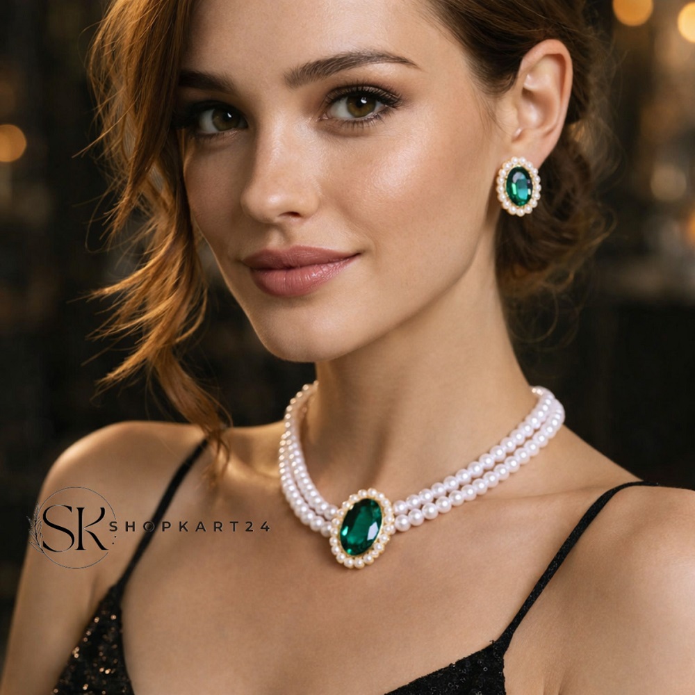 Green Stone Pearl Choker Set With Paired Earring