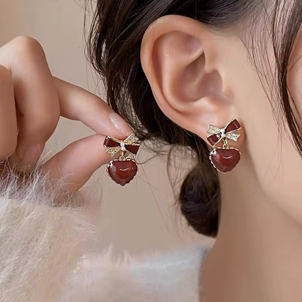 Mehroon Heart Bow Korean Earring