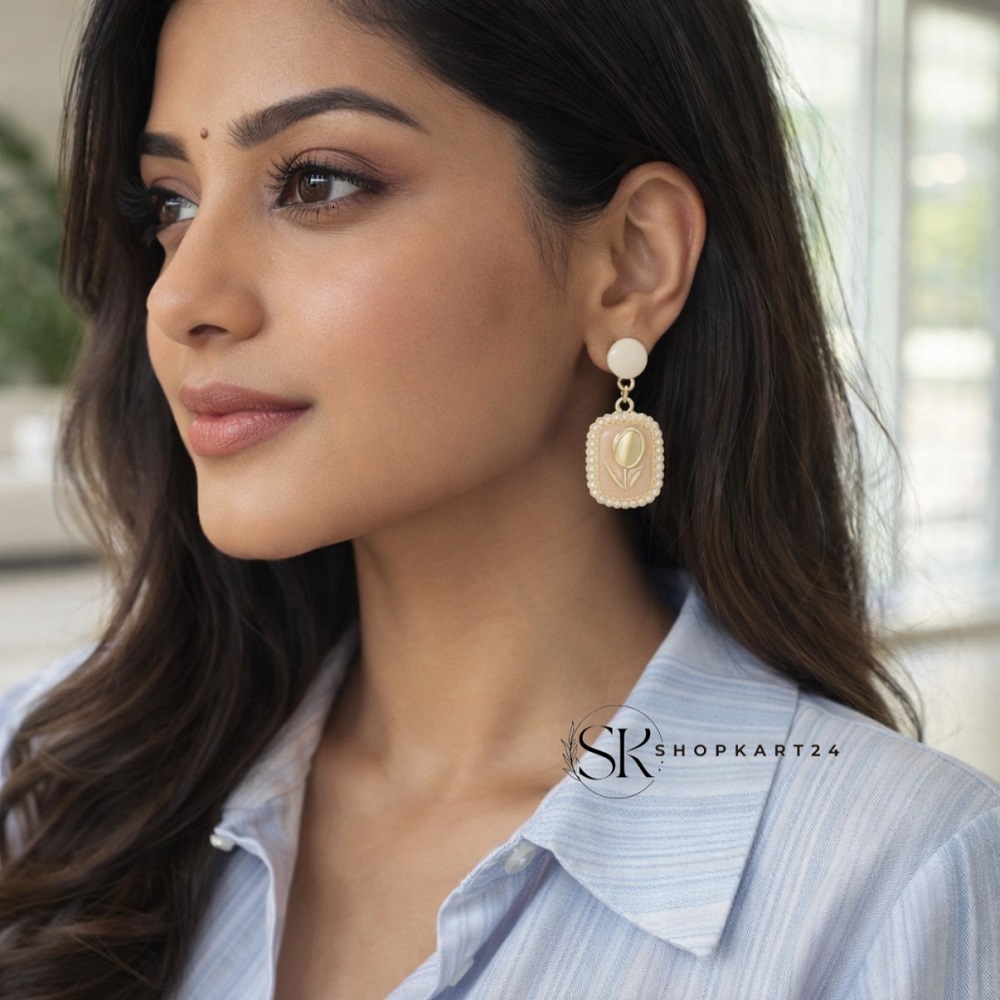 Pink Square Pearl Flower Stud Korean Earring