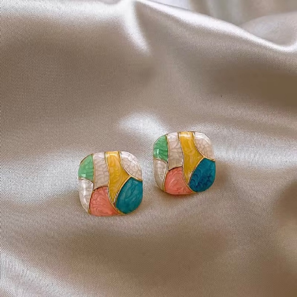 Retro Color Block Enamel Stud Earrings