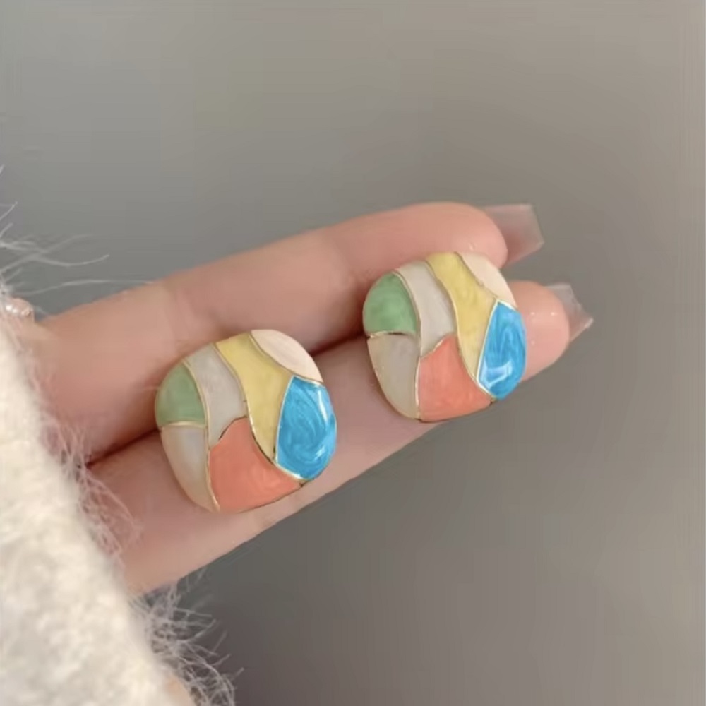 Retro Color Block Enamel Stud Earrings