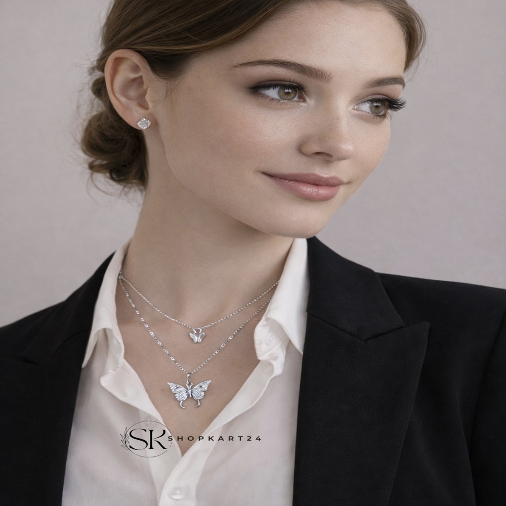 Silver Butterfly Double Layer Chain Pendant
