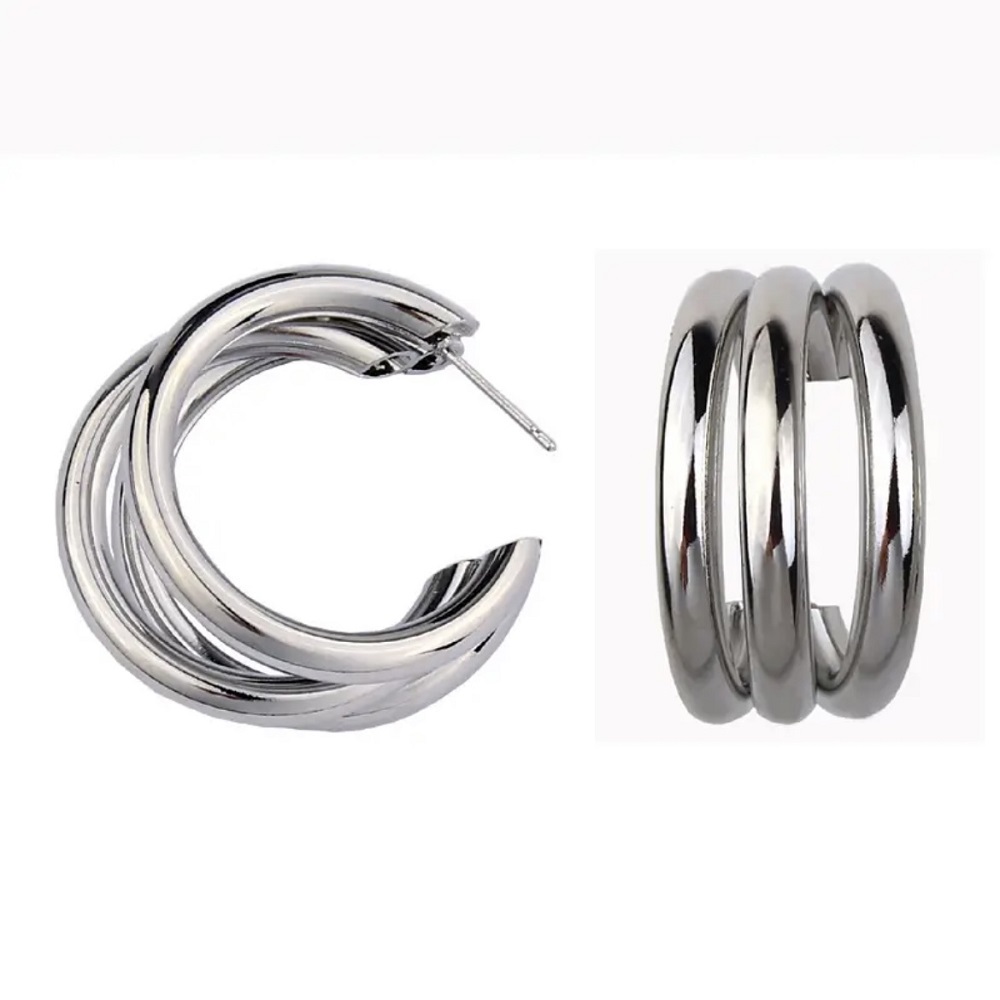 Silver Three Line Geometric Hoop Earring