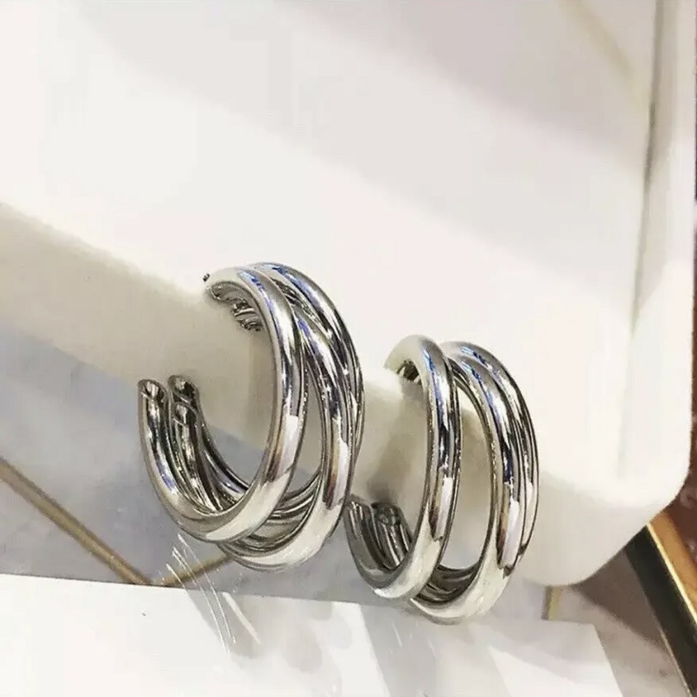 Silver Three Line Geometric Hoop Earring